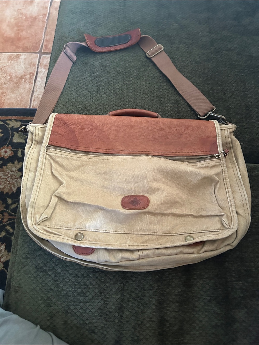 The Territory Ahead Beige Canvas Messenger Bag with Brown Leather Accents